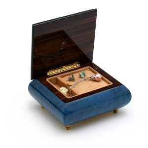 Radiant Blue 23 Note Musical Jewelry Box With Double Heart and Red Rose Inlay