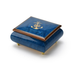 Vibrant 23 Note Blue Nautical Theme Inlay of Anchor Music Box