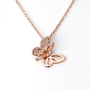 18kt Rose Gold Plated Set - Necklace with Butterfly Pendant with Gemstones / Matching Butterfly Earrings