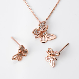 18kt Rose Gold Plated Set - Necklace with Butterfly Pendant with Gemstones / Matching Butterfly Earrings