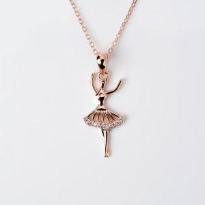 18kt Rose Gold Plated Necklace with Ballerina Pirouette Pendant with Gemstones 