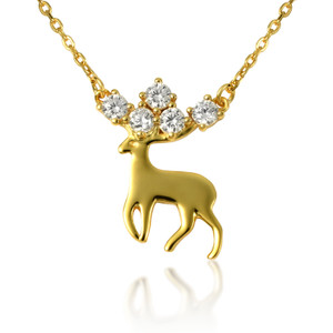 18kt Yellow Gold Plated Necklace with Reindeer Pendant with Antler Gemstones 