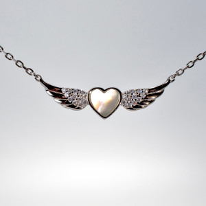 Platinum Plated Necklace with Mother of Pearl Winged Pendant with Gemstones 