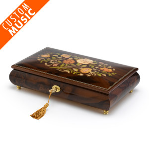 Handcrafted Walnut Floral Inlay Custom Sound Module Music Box with Spinning Ballerina