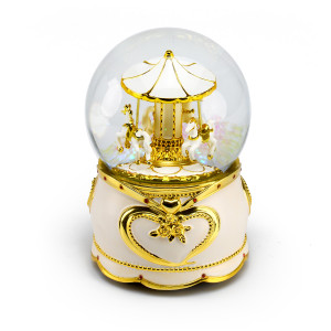 Pristine White and Gold Musical Snow Globe with Carousel