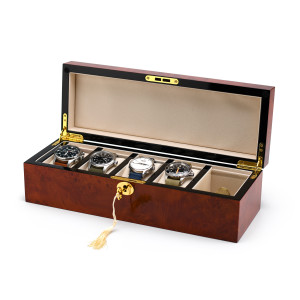 Modern Hi Gloss 4-Watch Burl Finish 30 Note Musical Storage Box