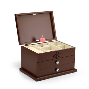 Spacious Dark Brown 23 Note Carved Floral Design Spinning Ballerina Jewelry Box