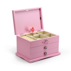 Spacious Pink 18 Note Carved Floral Design Spinning Ballerina Jewelry Box