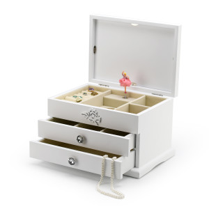 Spacious White 30 Note Carved Floral Design Spinning Ballerina Jewelry Box