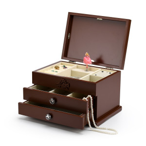 Dark Brown USB Sound Module Carved Floral Design Spinning Ballerina Jewelry Box