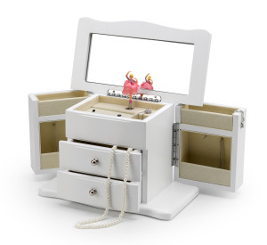 Gorgeous Matte White Custom Sound Module Spinning Ballerina Jewelry Box with Necklace Catchers