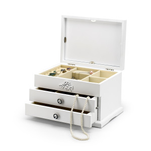 Spacious Matte White 30 Note Carved Floral Design Jewelry Box