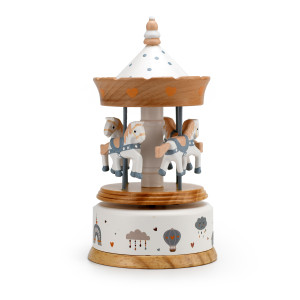 Musical Natural Wood with Blue Polka Dots Animated Carousel with Childhood Themed Accents