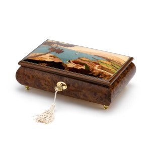 Natural Burl Elm 36 Note Italian Music Box with Scenes of Sorrento Inlay