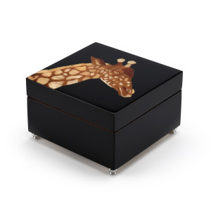 High Gloss Black Lacquer Nature Theme 30 Note Italian Music Box with Giraffe Inlay