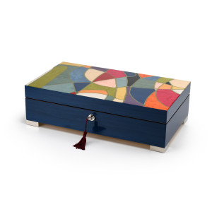 Bold Multicolored 18 Note Italian Blue Music Box with Abstract Art Inlay