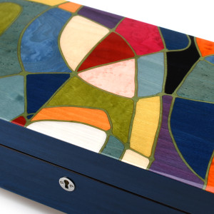 Bold Multicolored 30 Note Italian Blue Music Box with Abstract Art Inlay