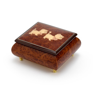 Gorgeous Burl-Elm Cats at Play  Inlay 18 Note Handcrafted Musical Jewelry Box
