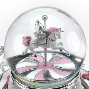 Pearl White and Silver with Pink Roses Unicorn Musical Carousel Animated Snow Globe