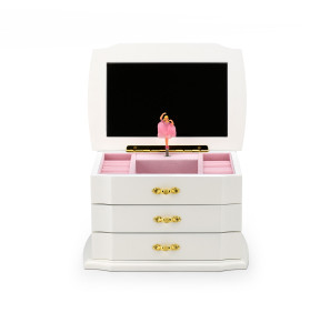 white and gold jewelry box with mirror