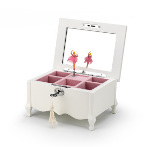 French Provincial Inspired Matte White 18 Note Spinning Ballerina Musical Jewelry Box