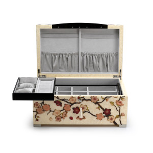 Handcrafted Ivory Stain with Cherry Blossom Wood Inlay Grand 30 Note Musical Jewelry Box