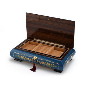 Handcrafted 23 Note Navy Blue Grand Musical Instrument and Floral Music Jewelry  Box with Lift Up Tray