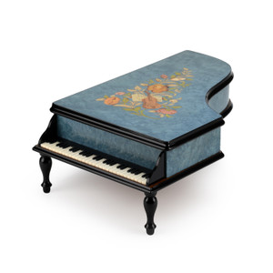 Majestic Seablue Italian Music and Floral Inlay 18 Note Musical Piano Jewelry Box