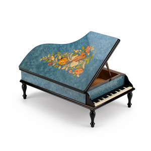 Majestic Seablue Italian Music and Floral Inlay 30 Note Musical Piano Jewelry Box