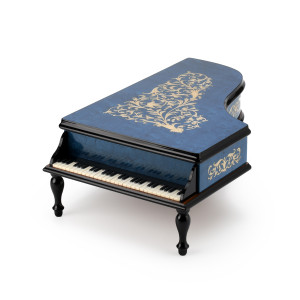 Gorgeous Dark Blue Arabesque Inlay 18 Note Italian Musical Piano Jewelry Box