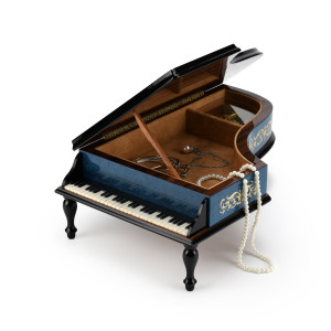 Gorgeous Dark Blue Arabesque Inlay 18 Note Italian Musical Piano Jewelry Box