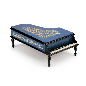 Gorgeous Dark Blue Arabesque Inlay 23 Note Italian Musical Piano Jewelry Box