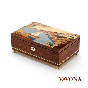 Handcrafted Italian 18 Note Music Box with The Imperial Hotel Tramontano Inlay - Various Wood Finish Options Available