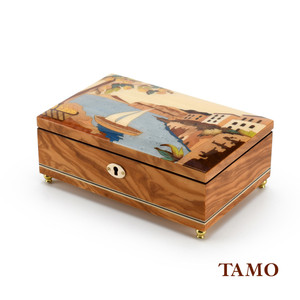 Handcrafted Italian 23 Note Music Box with The Imperial Hotel Tramontano Inlay - Various Wood Finish Options Available
