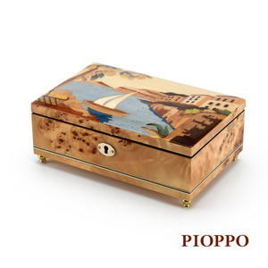 Handcrafted Italian 23 Note Music Box with The Imperial Hotel Tramontano Inlay - Various Wood Finish Options Available