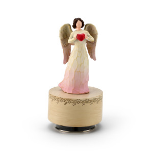 Carved Wooden Design - Sculpted Angel Holding a Red Heart - Choose Your Song