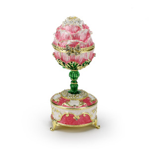 Exquisite 18 Note Musical Pink Rose Faberge-style Jeweled Egg  