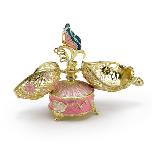 Dazzling Pink 18 Note Musical Floral and Filigree Faberge-style Egg with Jeweled Butterfly 