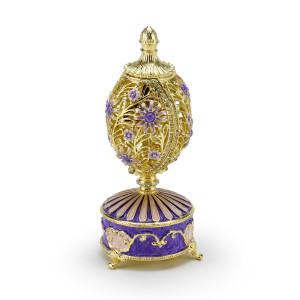 Dazzling Purple 18 Note Musical Floral and Filigree Faberge-style Egg with Jeweled Butterfly 