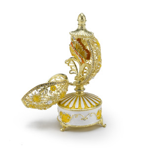 Dazzling Yellow 18 Note Musical Floral and Filigree Faberge-style Egg with Jeweled Butterfly 