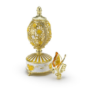 Dazzling Yellow 18 Note Musical Floral and Filigree Faberge-style Egg with Jeweled Butterfly 