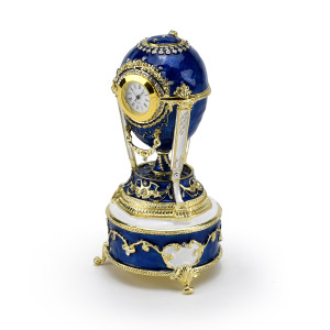 Gold Accented Quartz Clock 18 Note Blue Musical Jeweled Faberge-style Egg with Rooster