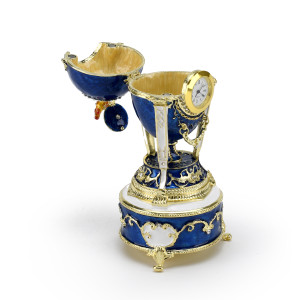Gold Accented Quartz Clock 18 Note Blue Musical Jeweled Faberge-style Egg with Rooster