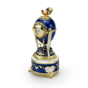 Gold Accented Quartz Clock 18 Note Blue Musical Jeweled Faberge-style Egg with Rooster