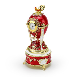 Gold Accented Quartz Clock 18 Note Red Musical Jeweled Faberge-style Egg with Rooster
