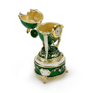 Gold Accented Quartz Clock 18 Note Green Musical Jeweled Faberge-style Egg with Rooster