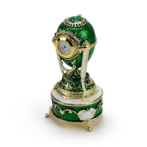 Gold Accented Quartz Clock 18 Note Green Musical Jeweled Faberge-style Egg with Rooster
