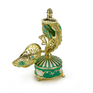 Dazzling Green 18 Note Musical Floral and Filigree Faberge-style Egg with Jeweled Butterfly 
