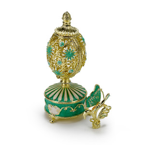 Dazzling Green 18 Note Musical Floral and Filigree Faberge-style Egg with Jeweled Butterfly 