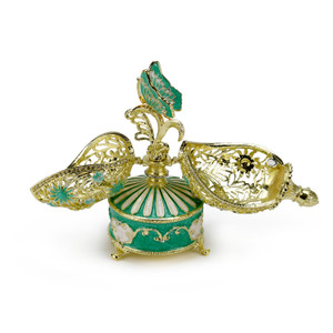 Dazzling Green 18 Note Musical Floral and Filigree Faberge-style Egg with Jeweled Butterfly 